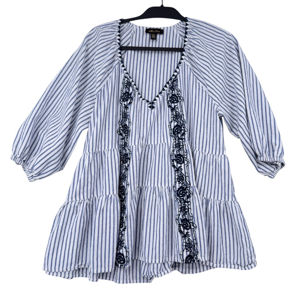 Melissa Paige Blue White Striped Embroidered Tiered Babydoll‎ Tunic Top Large
